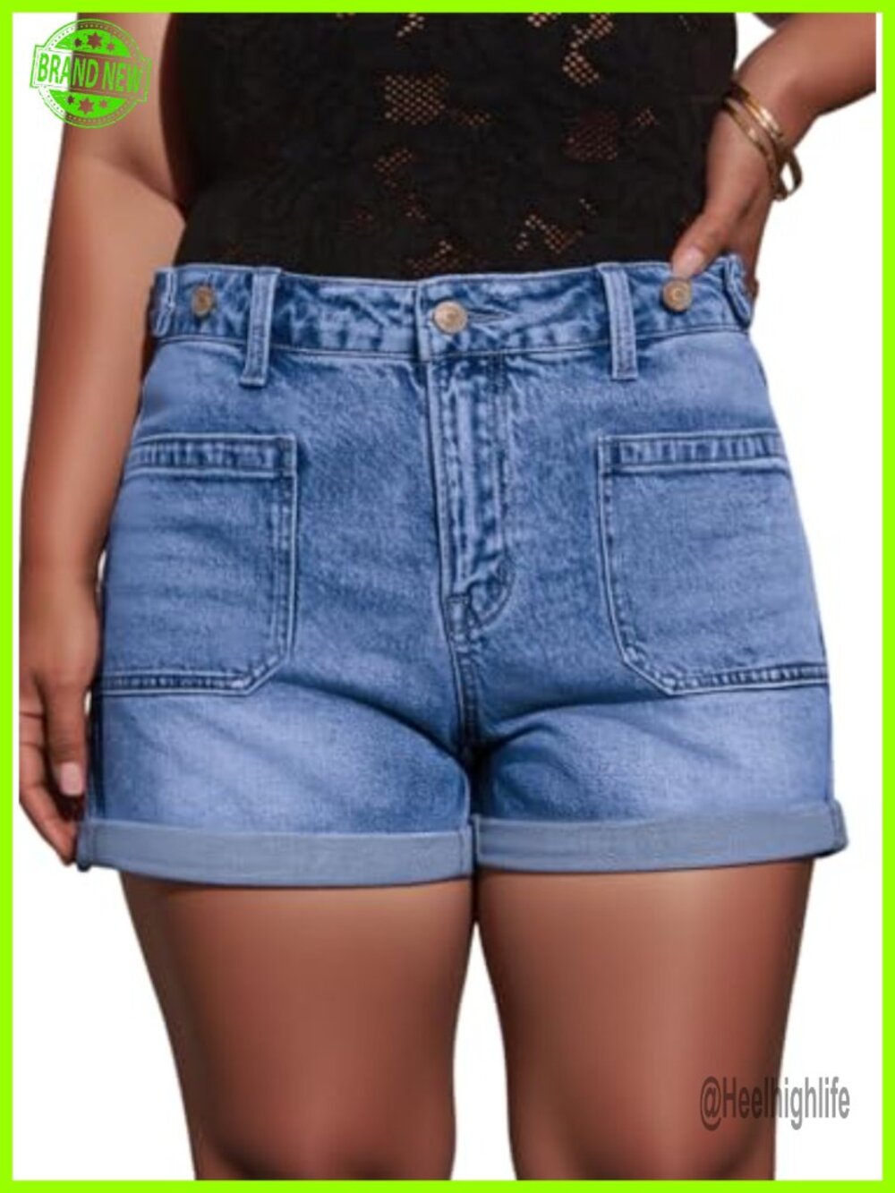 Plus Size High Rise Denim Jean Shorts Rolled Hem Stretch Summer Casual